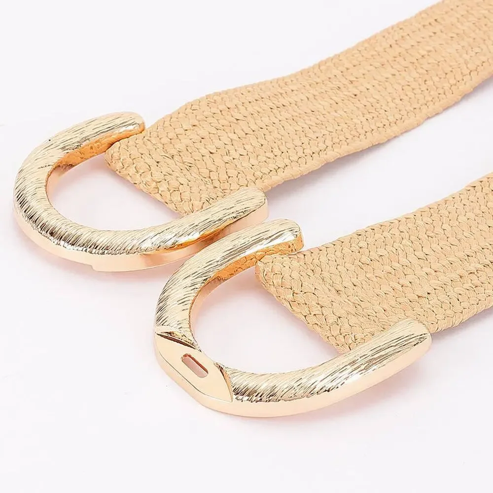 Straw Wide Dual Buckle Elastic Belt - Khaki/Gold